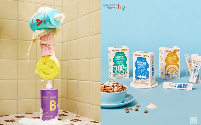 아모레퍼시픽은 해피바스 필쏘굿 바디케어를 다이소 전용으로 선보였으며 hy는 펫쿠르트를 다이소 전용 유산균 제품 3종으로 출시했다. /아모레퍼시픽, hy