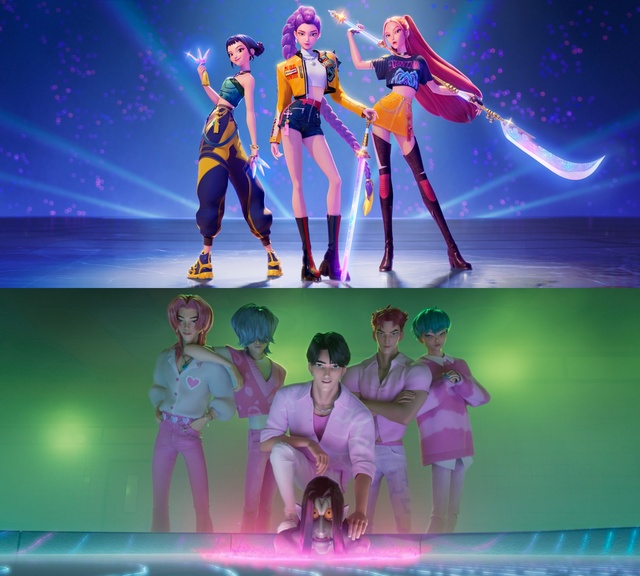 넷플릭스 애니메이션 영화 케이팝 데몬 헌터스에는 그룹 헌트릭스(상단)와 사자보이즈가 등장한다. /넷플릭스