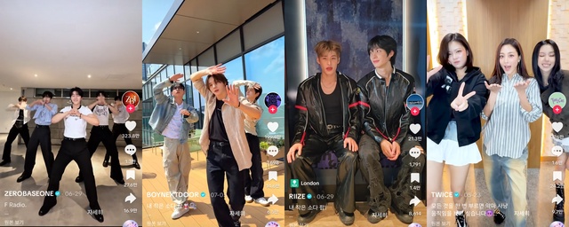 그룹 제로베이스원, 보이넥스트도어, 라이즈, 트와이스(왼쪽부터)가 넷플릭스 애니메이션 영화 케이팝 데몬 헌터스 OST 댄스 챌린지에 동참했다. /각 그룹 틱톡 계정 영상 화면 캡처