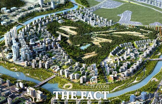 군위군은 2030년 TK신공항 개항을 목표로 인프라 구축과 도시공간 재편에 전방위로 나서고 있다. 시진은 주거, 산업, 교육, 의료 기능이 융합된 미래형 신도시 ‘스카이시티’ 조감도. 1072만여 ㎡(325만 평) 규모로 14만 명 수용을 목표로 단계별 개발이 진행되고 있다. /군위군