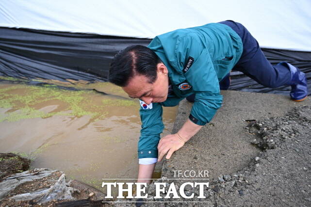 백성현 시장이 17일 집중호우로 물이 찬 한 술에서 직접 상황을 살펴보고 있다. /논산시