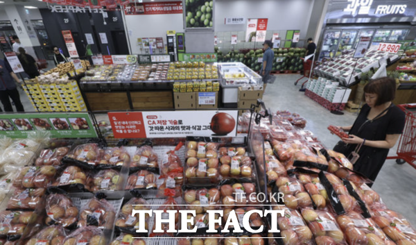 폭염에 이은 폭우 피해로 서민들의 먹거리 물가에 또 비상이 걸렸다. 서울 시내 한 대형마트 매대에 과일이 진열돼 있는 모습. /뉴시스