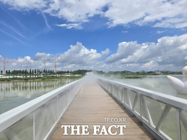 천안시가 성성호수공원에 물안개를 분사해 주변 온도를 낮추는 쿨링포그를 설치했다. /천안시