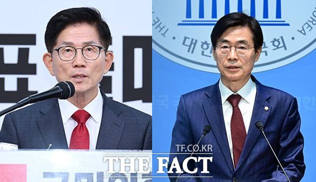 국민의힘 전당대회를 앞두고 당권 주자들이 저마다 다른 시간 전략을 구사하고 있다. 사진은 공식 출마 선언을 하고 있는 전 국민의힘 대통령 후보인 김문수 전 고용노동부 장관(왼쪽)과 조경태 국민의힘 의원의 모습. /남윤호·박헌우 기자
