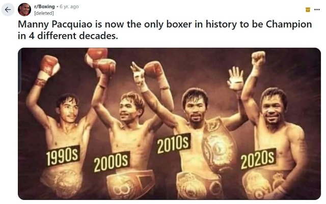 미국의 소셜미디어 레딧에 올라온 4 디케이드(decades) 파키아오의 이미지. 이른 나이인 16살에 프로에 데뷔해 46살까지 현역생활을 하니 전무후무한 기록으로 평가받는다. / 레딧 캡처