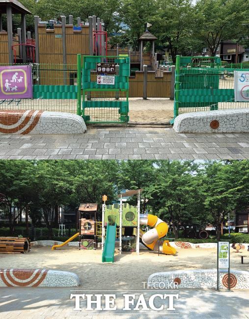 명학공원 놀이터 유니버설 사업 전(위)·후 모습./안양시