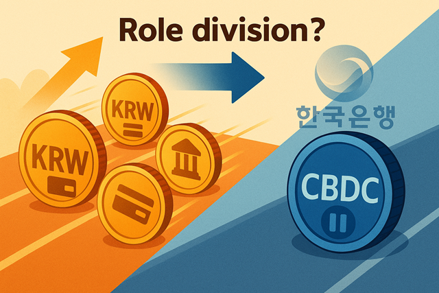 23일 금융권에 따르면 국내 주요 은행과 카드사는 최근 원화 기반 스테이블 코인 시장 선점을 위한 상표권 경쟁으로 분주한 모습이다. 반면 한국은행 주도로 추진됐던 중앙은행 디지털화폐(CBDC) 사업은 잠정 중단됐다. /챗GPT 생성이미지