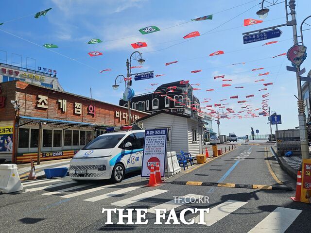 보령시가 본격 여름철을 맞아 대천해수욕장 일부 구간을 오는 8월 17일까지 차 없는 거리로 지정해 운영하는 가운데 대천해수욕장 광장 내 차량 동선에 표지판을 세워 홍보하고 있다. /보령시