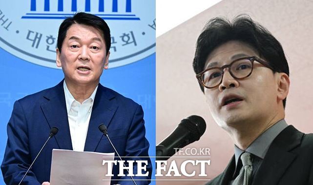 비교적 이른 시점에 당 대표 출마 의사를 밝혔던 안철수 의원(왼쪽)은 아직 공식 출마 선언을 않고 주변 상황을 지켜보고 있다. 한동훈 전 대표는 출마 여부에 대한 확답을 미루면서도 사실상 이를 의식한 정치적 행보를 이어가고 있다. /이새롬·남윤호 기자