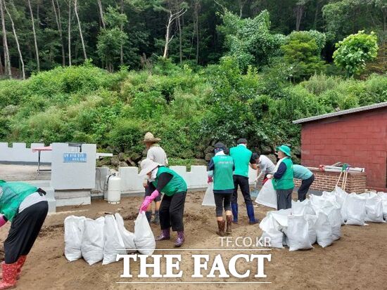 지난 주말 극한 호우로 토사 유출 피해를 입은 경기 포천시 내촌면에서 자원봉사자들이 피해 복구 작업에 구슬땀을 흘리고 있다. /포천시