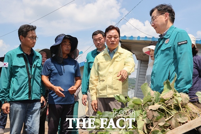 경남 하동군 딸기 육묘 하우스 침수 피해 농가를 찾은 박완수(가운데)경남지사/경남도