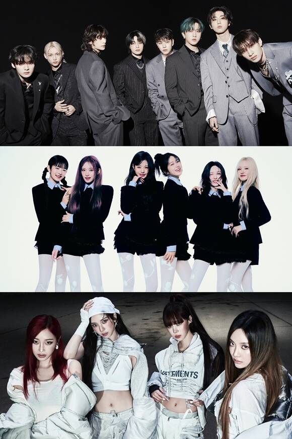 그룹 스트레이 키즈와 아이브, 에스파(위쪽부터)가 2025 더팩트 뮤직 어워즈에 출격한다. /JYP엔터테인먼트, 스타쉽엔터테인먼트, SM엔터테인먼트