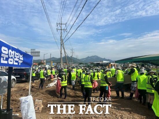 더불어민주당 국회의원과 보좌진 등 약 200명이 24일 집중호우로 큰 피해를 입은 경기 가평군 조종면 현리의 포도농장을 찾아 침수 피해 복구 작업에 참여하고 있다. /가평군