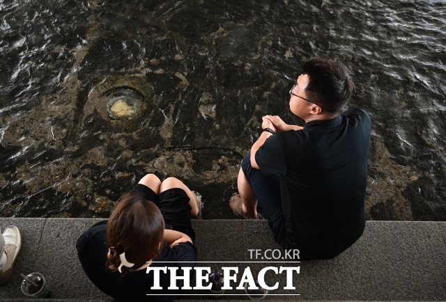 2025년 여름철 온열질환 응급실 감시체계 운영 결과에 따르면 지난 21일까지 온열질환자는 총 1717명으로 전년(637명) 같은 기간 대비 2.67배 많다. 사진은 지난 12일 오후 서울 중구 청계천을 찾은 시민들이 청계천에 발을 담그고 더위를 식히는 모습다. /박헌우 기자