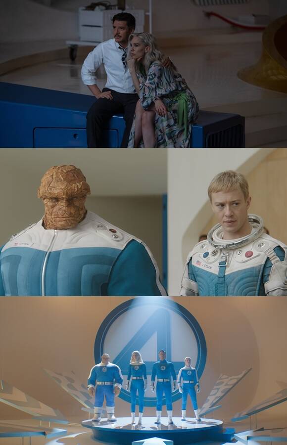 에본 모스-바크라크는 벤 그림 역을, 바네사 커비는 수 스톰 역을, 페드로 파스칼은 팀의 리더 리드 리차드 역을, 조셉 퀸(아래 사진의 왼쪽부터)은 쟈니 스톰 역을 맡아 판타스틱 4로 활약한다. /월트디즈니 컴퍼니 코리아