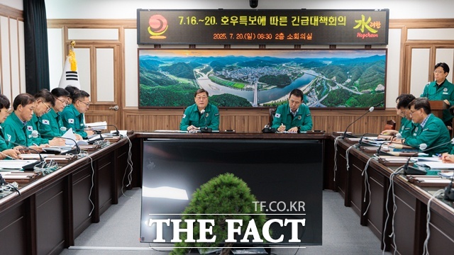 지난 20일 김윤철(왼쪽) 합천군수가 긴급확대간부회의를 주재하고 있다. /합천군