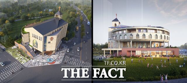 지역 커뮤니티 기능을 구현할 수 있도록 설계된 송도2동성당의 조감도와 투시도. /엘앤피건축사사무소