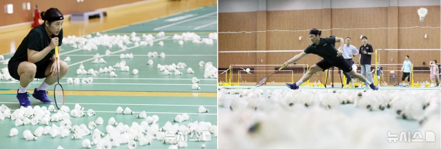 지난 6월 17일 진천선수촌에서 열린 배드민턴 국가대표팀 미디어데이에서 보여준 안세영의 훈련 모습. 코트 위에 떨어진 수많은 셔틀콕이 인상적이다. / 뉴시스