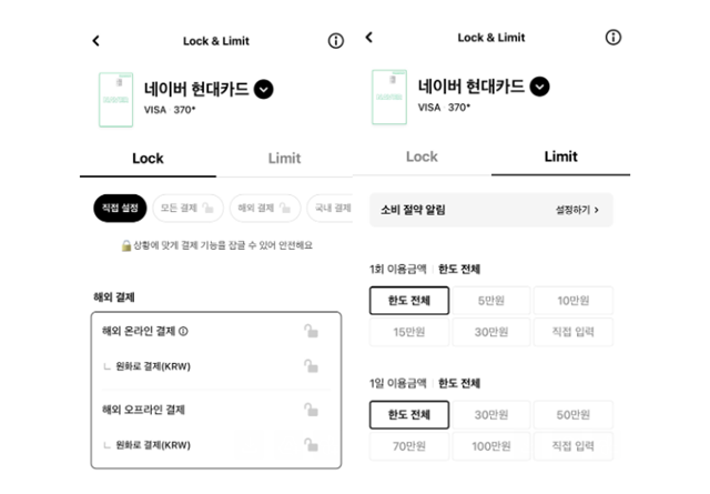 현대카드 락앤리밋 서비스는 해외 오프라인 결제 등을 제한하거나 1회/1일 결제 금액을 설정할 수 있다. /현대카드