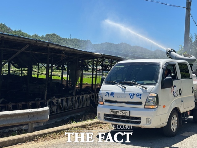 진주시가 폭염으로 인한 가축 폐사 등 피해 최소화를 위해 살수 지원을 하고 있다./진주시