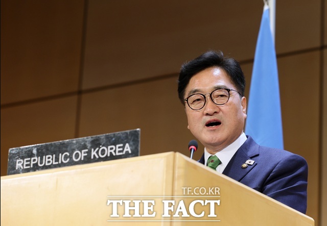 우원식 국회의장이 29일(현지시간) 스위스 제네바 유엔회의장에서 열린 제6차 세계국회의장회의 일반토론에서 발언하고 있다. /국회의장실 제공