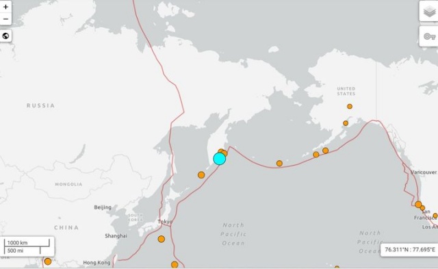 미국 지질조사국(USGS)에 따르면 30일(현지 시간) 오전 11시 24분께 러시아 캄차카반도 동쪽 바다에 규모 8.7의 강진이 발생했다. 지진 발생 지점. /USGS 홈페이지 갈무리