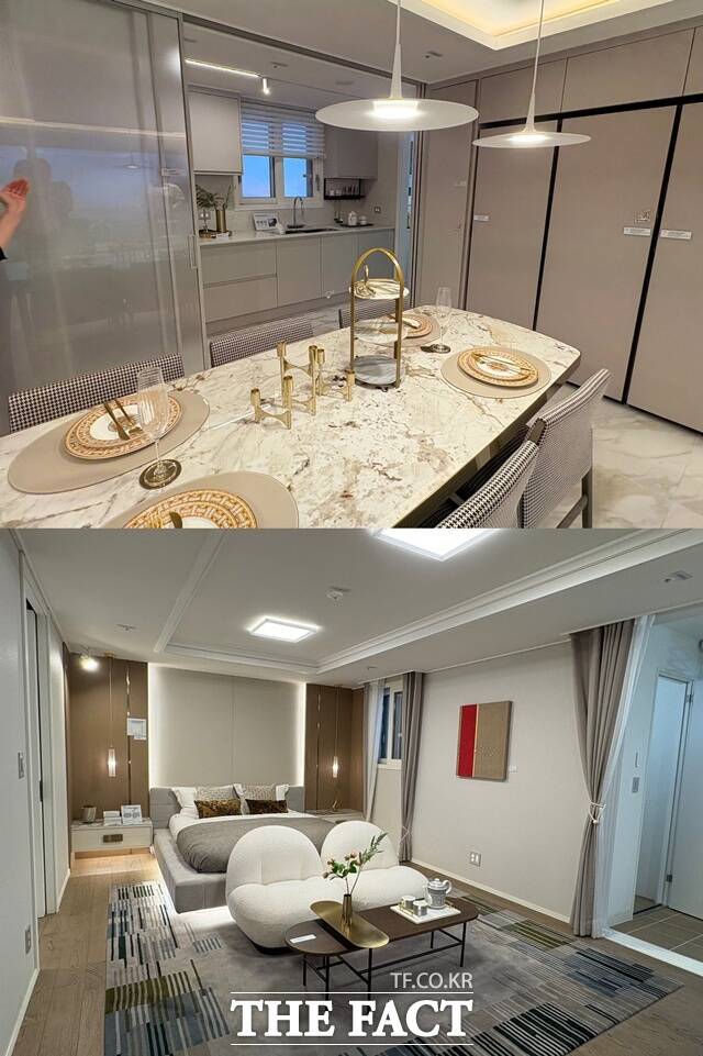 단지는 전용면적 59㎡~99㎡로 구성됐으며 분양가는 4억원대~8억원대다. 사진은 전용면적 99㎡의 주방과 침실이다. /공미나 기자