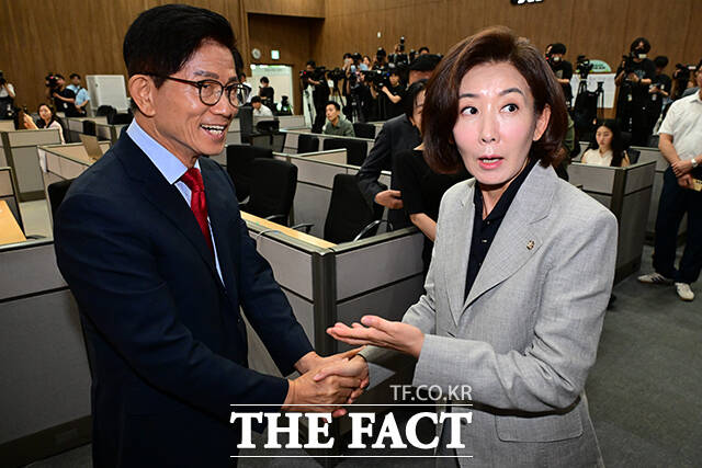 김 전 장관이 기자회견에 앞서 나경원 의원을 만나 악수하는 모습.