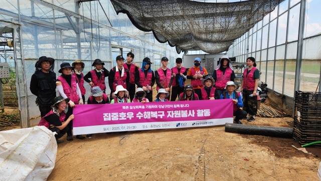 강남구 자원봉사자들이 7월 29일 충남 당진시 현장을 찾아 수해복구 자원봉사 활동을 펼치고 있다. /강남구