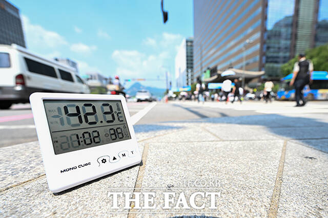 전국 대부분 지역에 폭염이 이어지고 있는 28일 오전 서울 종로구 세종대로에 놓아둔 온도계가 42.3도를 나타내고 있다. /박헌우 기자