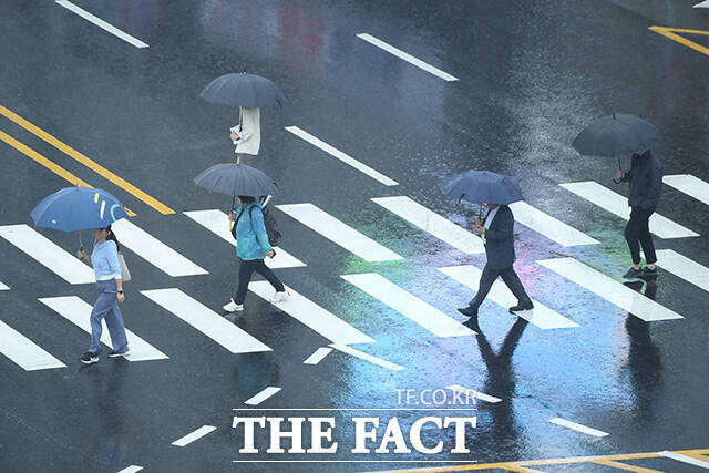 비가 내려 우산을 쓰고 횡단보도를 건너는 사람들의 모습. /장윤석 기자