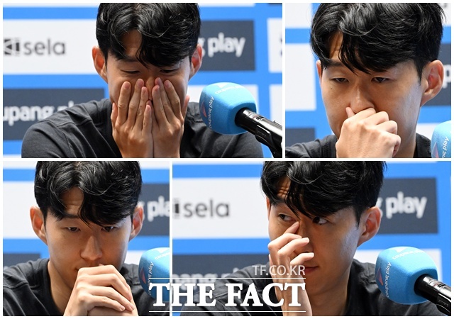 토트넘 훗스퍼의 손흥민이 2일 오전 서울 여의도 IFC 더 포럼에서 열린 2025 쿠팡플레이 시리즈 기자회견에서 이적에 관련된 발언을 마친 뒤 생각에 잠겨있다. /남용희 기자
