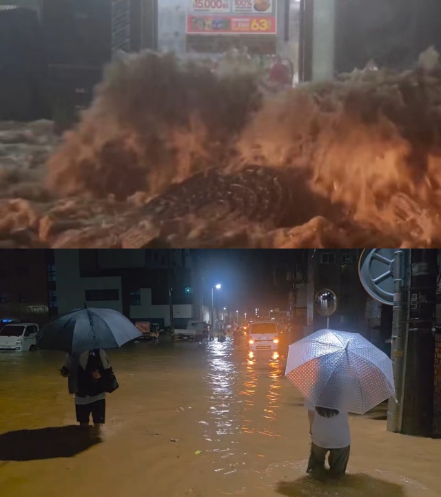 3일 오후 9시경 무안읍 일대에 내린 심한 폭우로 맨홀 뚜껑이 들려 올라가고(왼) 행인들이 침수된 도로를 걷는 등 피해가 속출하고 있다. /나광국 전남도의회 의원 SNS 갈무리