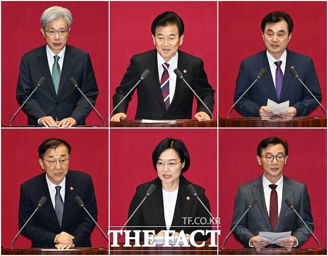 김상환 헌법재판소장과 정동영 통일부 장관, 안규백 국방부 장관, 전재수 해양수산부 장관, 한성숙 중소벤처기업부 장관, 김윤덕 국토부 장관(왼쪽 위부터 시계방향) 등이 4일 오후 서울 여의도 국회에서 열린 본회의에 참석해 인사말을 하고 있다. /국회=배정한 기자