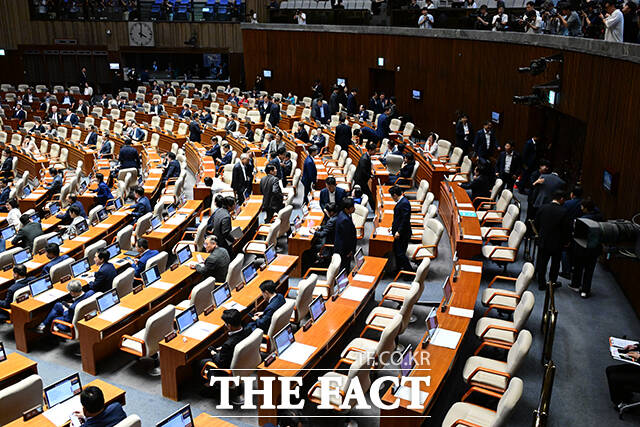 방송법 개정안에 대한 무제한 토론이 시작되자 여당 의원들이 자리를 뜨고 있다.