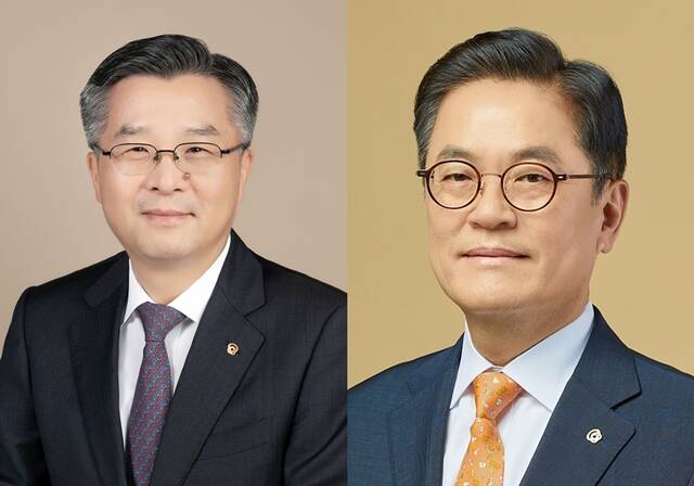 권혁웅 한화생명 부회장(왼쪽)과 이경근 한화생명 사장이 5일 임시주주총회와 이사회를 거쳐 각자 대표이사로 취임했다. /한화생명