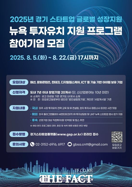 경기도와 경기도경제과학진흥원이 도내 스타트업의 미국 시장 진출을 위해 진행하는 ‘2025년 경기 스타트업 글로벌 성장 지원 뉴욕 투자유치 지원 프로그램’의 참여 기업 모집 안내 포스터./경기도