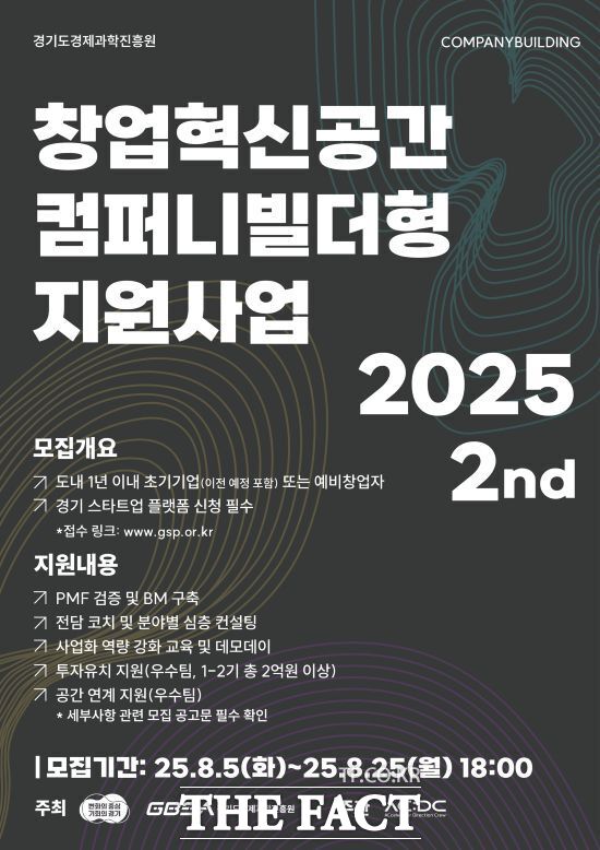 경기도와 경기도경제과학진흥원이 진행하는 2025 경기창업혁신공간 컴퍼니빌더형 지원사업 2기 참가 기업 모집 안내 포스터 /경기도