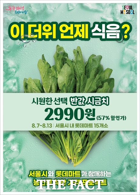 서울시는 서울시농수산식품공사, 롯데마트와 손잡고 시금치 7천 단(250g)을 정상가 대비 약 57% 할인된 가격에 공급한다고 밝혔다./서울시