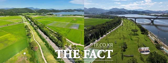 오는 9월 개장을 앞두고 있는 하동파크골프장(오른쪽)과 진교파크골프장 제2구장 모습/하동군