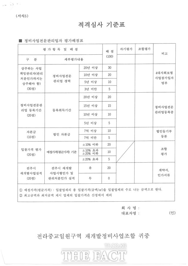 전주 전라중학교일원 재개발조합이 정비업체 선정을 위해 만든 적격 심사 기준표. 조합원들은 배점표 세부항목 등이 잘못됐다고 지적하고 있다. /김종일 기자