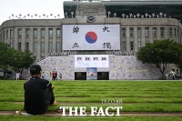  안중근 열사 '단지동맹 혈서 태극기' 바라보며 [포토]