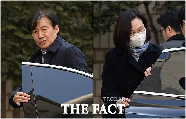 조국 전 법무부 장관(왼쪽)과 정경심 전 동양대 교수가 2024년 2월 8일 오후 서울 서초구 서울고등법원에서 열린 자녀 입시 비리·감찰 무마 의혹 관련 공판에 출석하고 있다. /서예원 기자