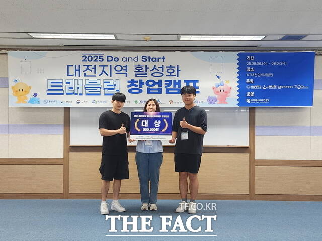 2025 대전 지역 활성화 트래블런 창업캠프에서 대상을 수상한 국립한밭대 전형진 학생(왼쪽)과 충남대 학생들이 함께 기념 촬영을 하고 있다. /한밭대