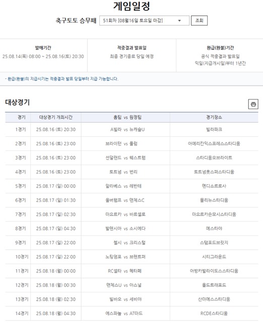 축구토토 승무패 51회차 대상 경기.