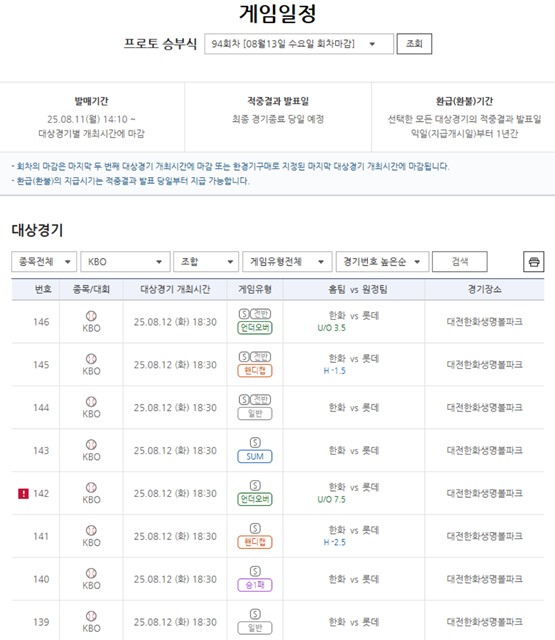 프로토 승부식 94회차 게임 일정.