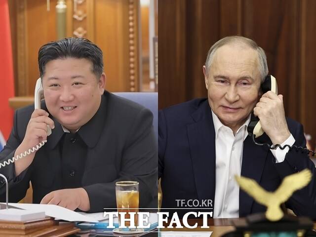 북한이 김정은 국무위원장(왼쪽)과 블라디미르 푸틴 러시아 대통령의 전화 통화 사실을 13일 공개했다. 통화가 이뤄진 시점은 우크라이나 종전이 주요 의제로 다뤄질 미·러 회담을 앞둔 때다. /뉴시스.조선중앙TV 갈무리, AP