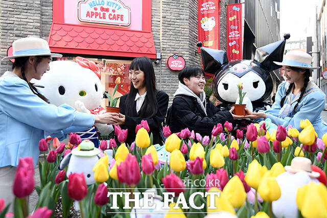 경기 용인시 에버랜드를 폭파하겠다는 협박 팩스가 발송돼 경찰이 수색하고 있다. 사진은 산리오캐릭터즈와 콜라보한 에버랜드 튤립축제 개막을 열흘 앞둔 5월 11일 오전 서울 중구 헬로키티 애플카페 앞에서 캐릭터와 에버랜드 직원들이 시민들에게 튤립 화분을 선물하는 모습. /서예원 기자