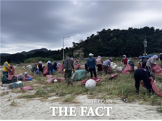 인천 옹진군 백령도 사곷해변에서 해양쓰레기를 수거하고 있다. /인천시