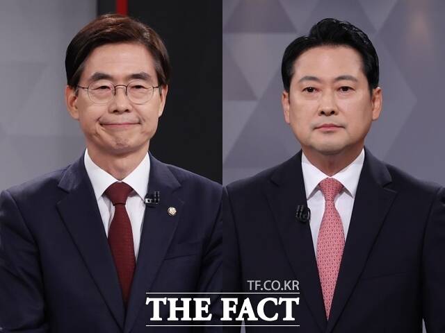 조경태 국민의힘 당대표 후보(왼쪽)는 17일 장동혁 후보에게 윤석열 전 대통령을 옹호하는 것 자체가 내란 동조 세력이라고 비판했다. /뉴시스